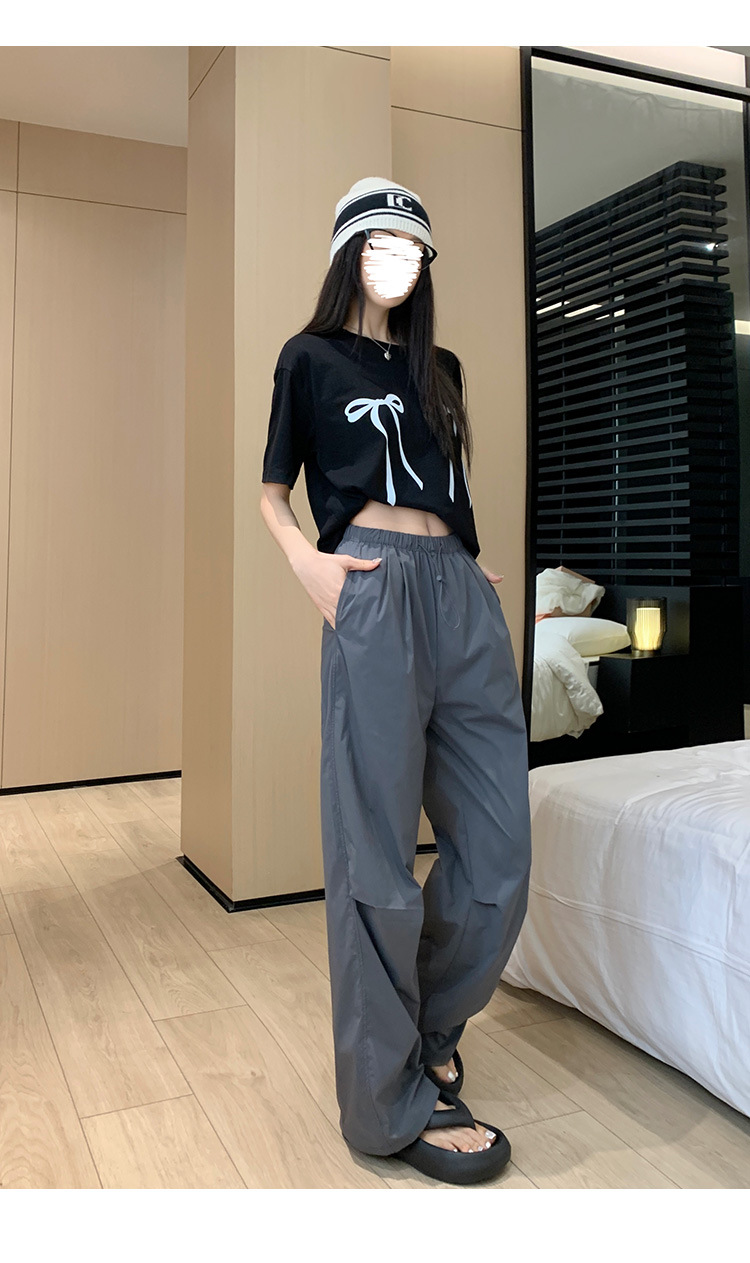 2024夏季新美式降落伞宽松慵懒黑色休闲裤小个子直筒速干工装裤女详情10
