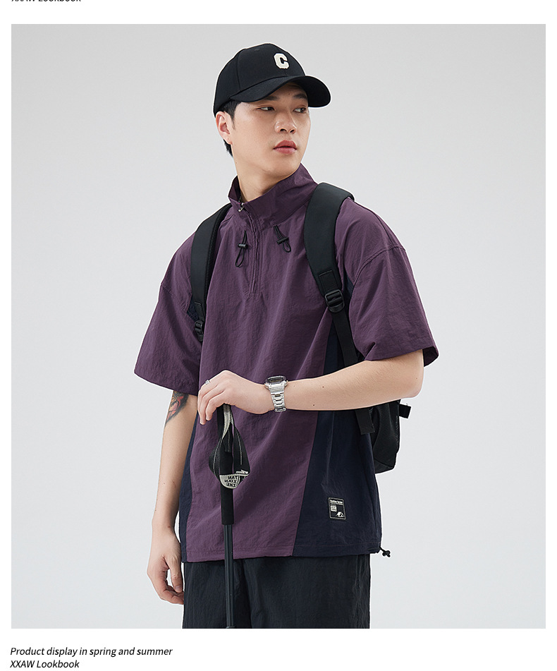 美式工装短袖t恤男士夏季大码潮牌立领拉链体恤半袖男详情14