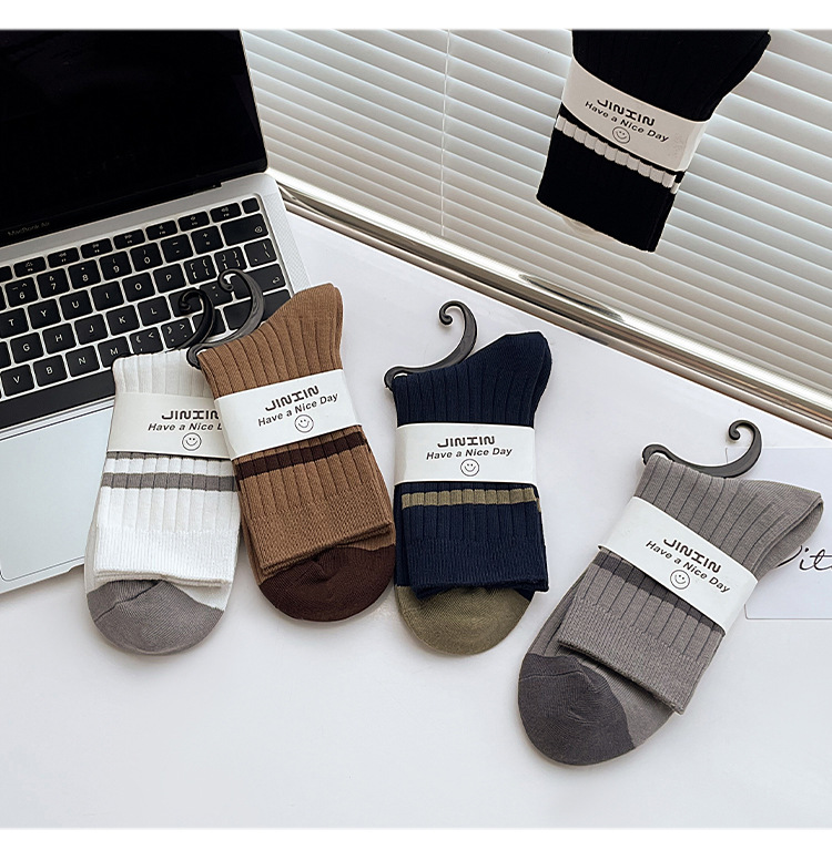 袜子地摊一件代发双针中筒袜秋冬季男袜子 男士条纹百搭诸暨男袜 保暖休闲拼色棉袜一件代发详情11