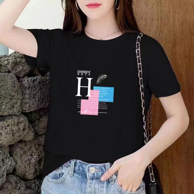 白色女士棉短袖T恤女2023新款夏季小个子体恤正肩大码印花上衣详情25