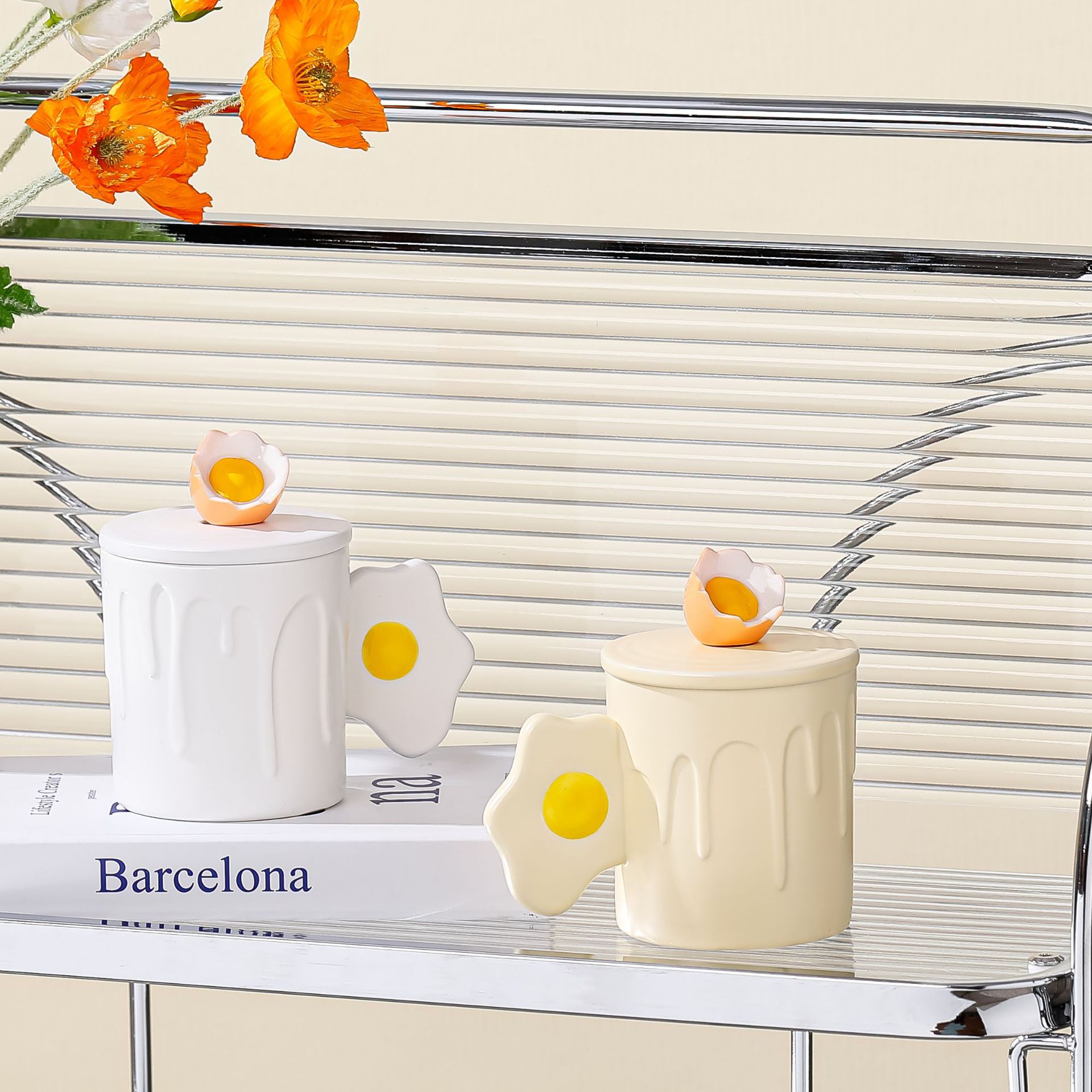 Home student ins cute cartoon macaron-colored ceramic Morandi egg mark drinking cup with lid and spoon pic 2