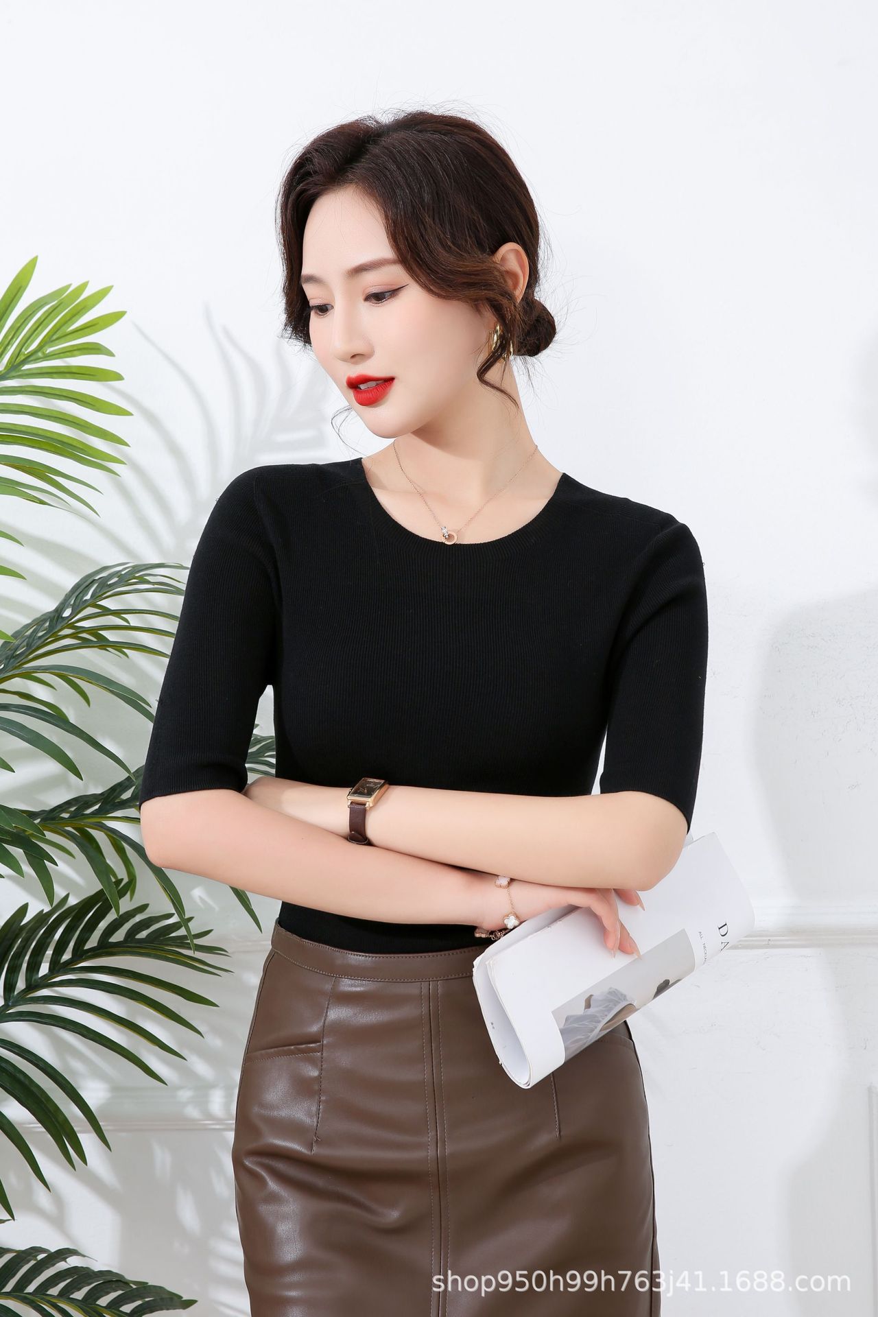 100天丝莱赛尔夏薄款可机洗短袖体恤女圆领套头针织无缝T恤上衣详情6