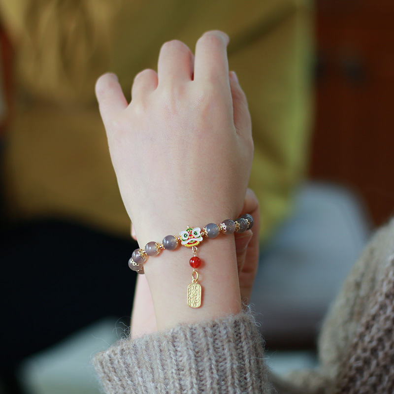 2022 Natural Smoky purple agate tassel Bracelet, small lion dance, Wealth Luck, National Trend and Ethnic Style Jewelry Gift pic 4