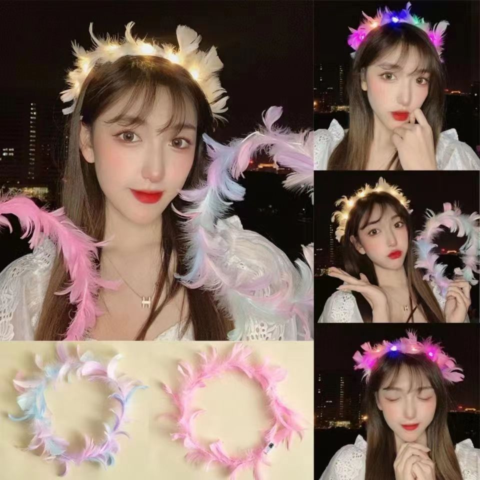 The new luminous headband, feather warm lamp, flower flower segment, day party performance headwear, and female student hair clips are selling well at the street stall pic 5
