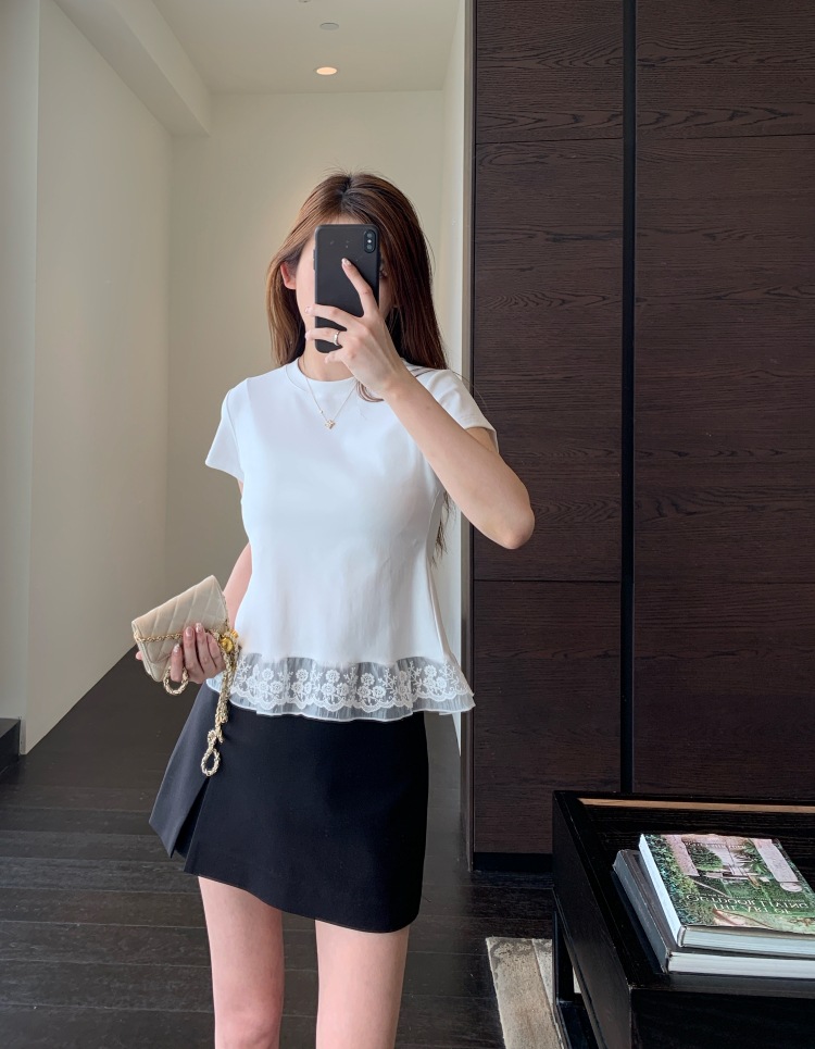 A13512甜美少女感 设计感下摆蕾丝花边拼接显瘦短袖T恤女春夏新详情6