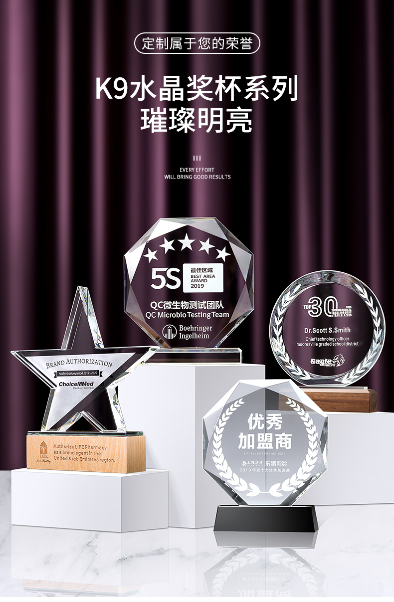 学生水晶木质奖杯八角奖杯制作授权牌优秀员工奖牌退休纪念品摆件详情1