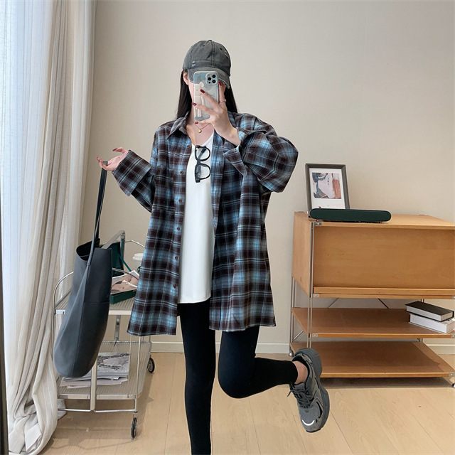 A retro, fashionable, loose and slimming mid-length brushed checked shirt for women in spring, new F090225 pic 11