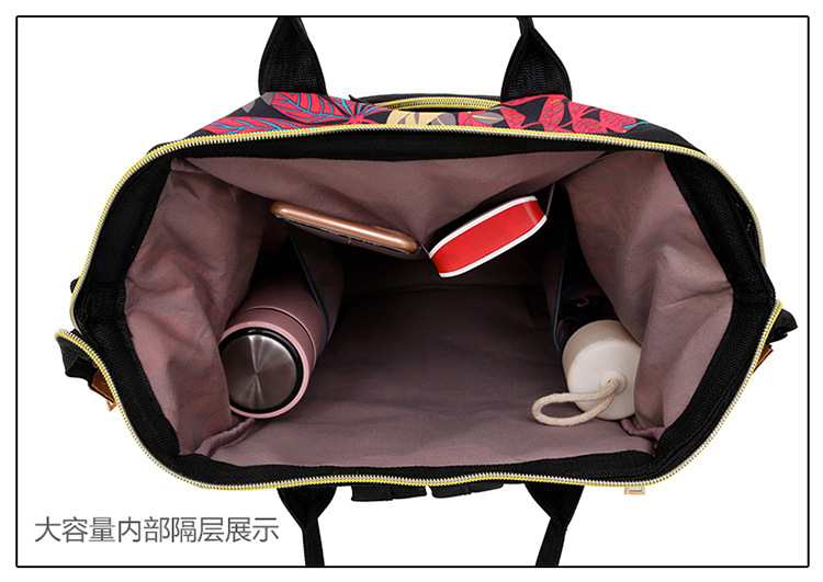 Multi-functional mommy bag, double-shoulder leaf pattern, silk material, waterproof, large capacity for going out, baby bottle, mother and baby bag, back zipper pic 20