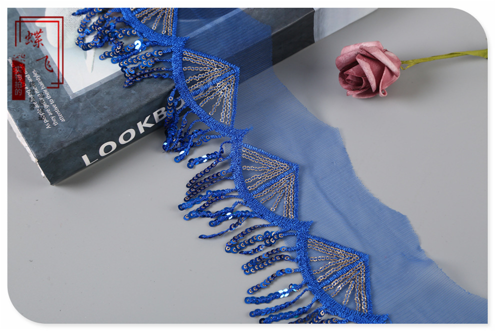 Small fans in stock, colorful hollowed-out mesh, tassels, sequins, embroidered lace, skirt hem decoration, stage costume accessories pic 6