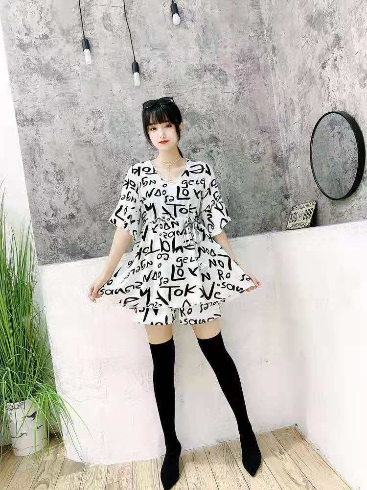 Belt-wearing Internet celebrity letter skirt and shorts set, chiffon plus-size dress, hot girl 2021 Summer Fashion set pic 17