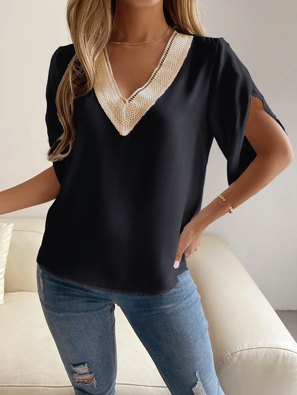 Amazon 2023 Spring/Summer New V-neck lace solid color top, elegant short-sleeved chiffon shirt for women pic 44