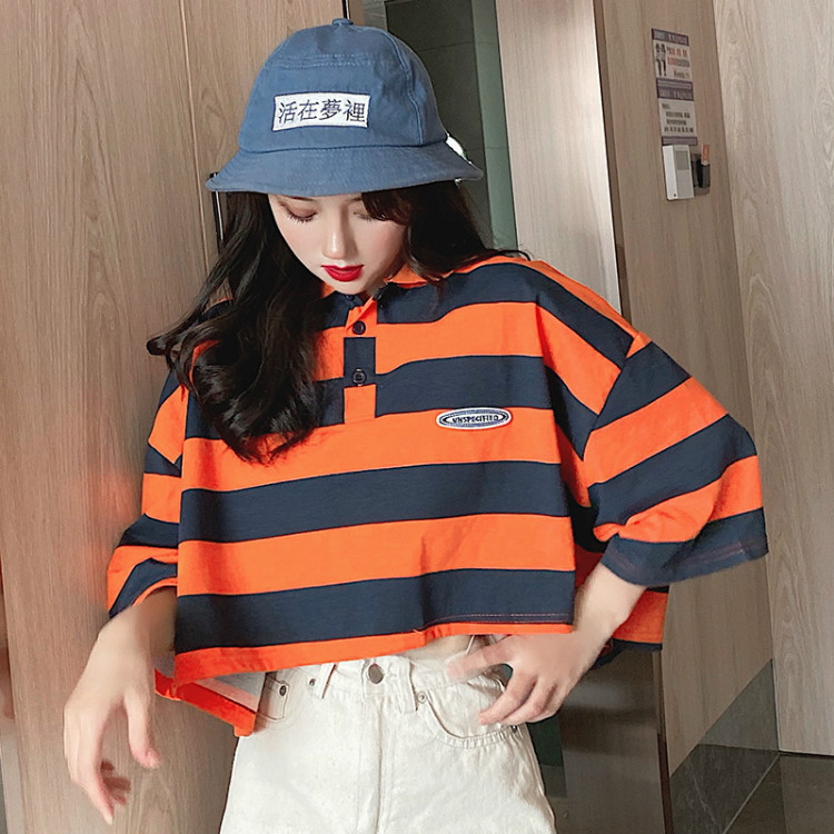 Real photos of Japanese-style retro polo shirts for women in summer, short-sleeved loose Hong Kong-style half-sleeved T-shirts, and summer tops pic 16