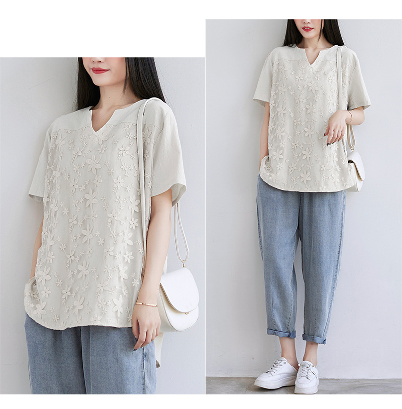 2022夏季新款速卖通欧美女装蕾丝刺绣短袖衬衫宽松女士上衣T恤详情28