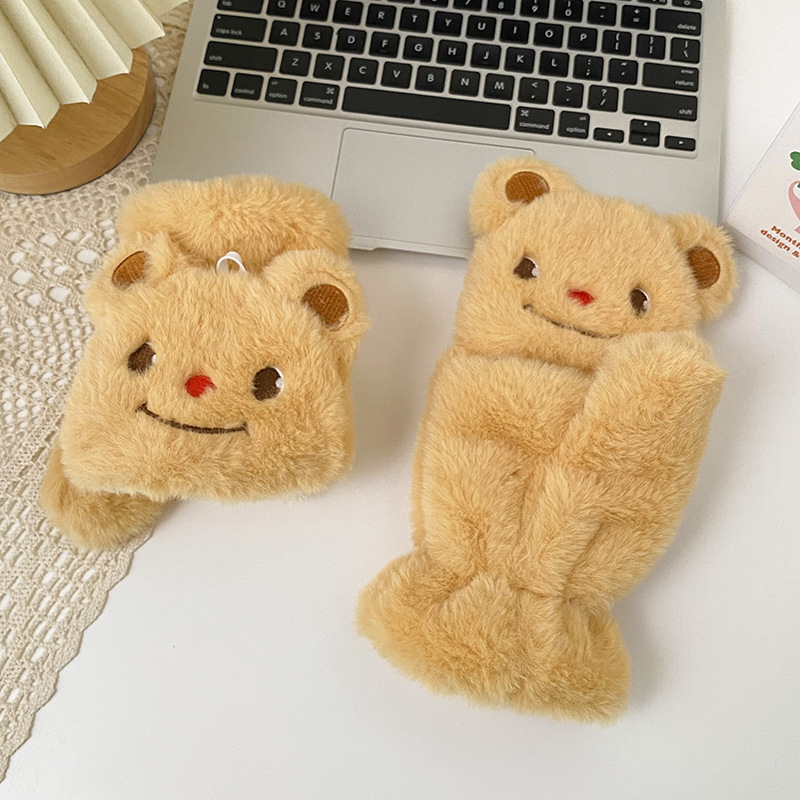 手套冬季女可爱卡通黄色小熊毛绒翻盖骑行学生保暖加绒加厚围巾详情8