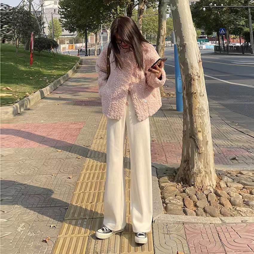 Otoño invierno 2022 pantalón de pierna ancha mujer casual holgada cintura alta con sensación de caída pantalón mop con fleece y espesor negro apricot pantalones rectos mujer pic 13
