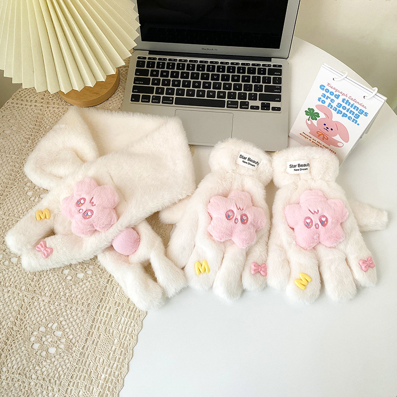 可爱卡通星星手套少女心加厚毛茸茸冬季加绒保暖连指骑车开车围巾详情5