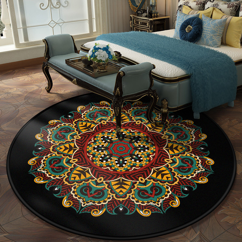 Cross-border ethnic wind round floor mat alfombra cristal de peluche mandala estampada mesa de centro cesta colgante sala de estar hogar pic 4