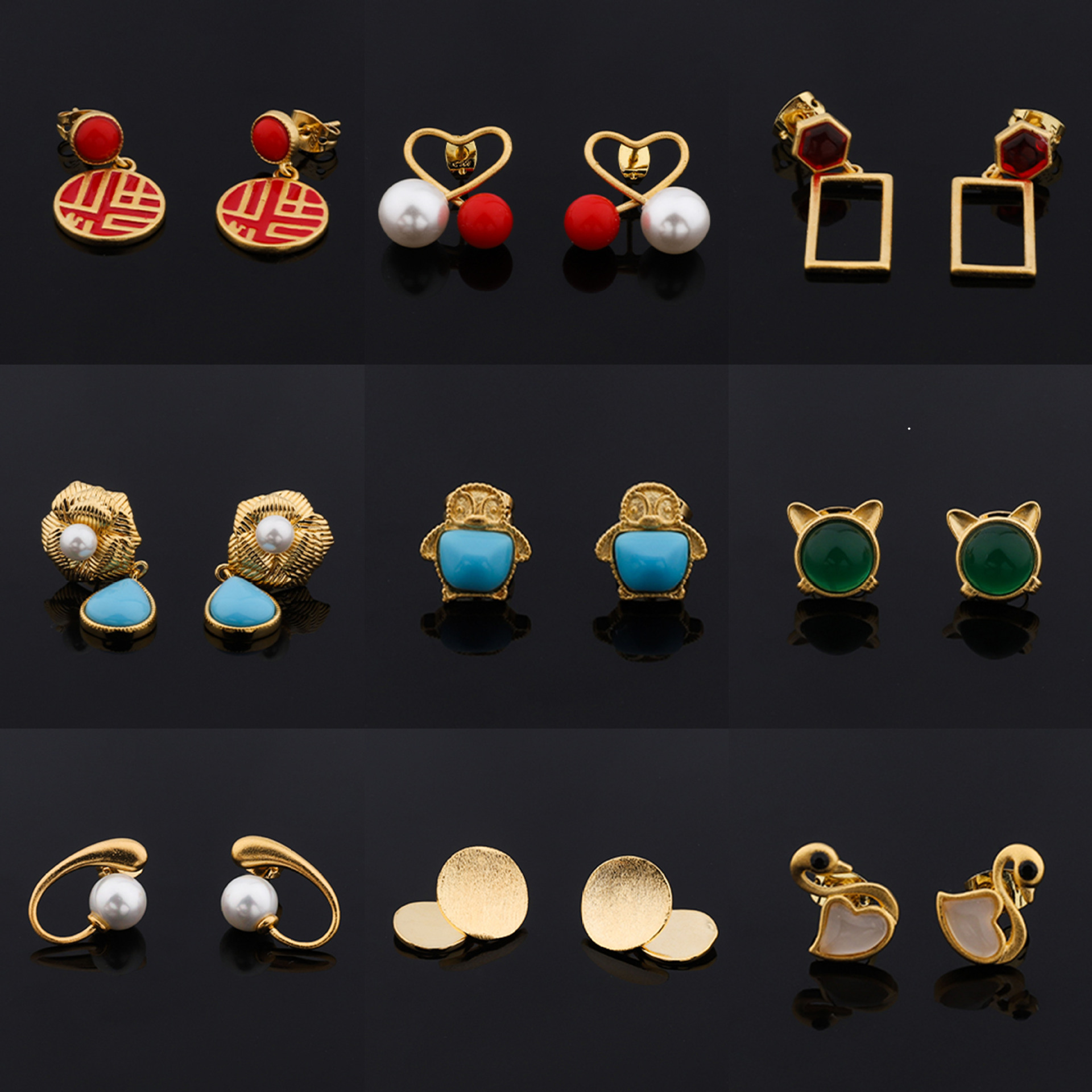 Chuangmei Jewelry offers French retro heart-shaped stud earrings set with colorful artificial gemstones, a niche and high-end accessory wholesale pic 1