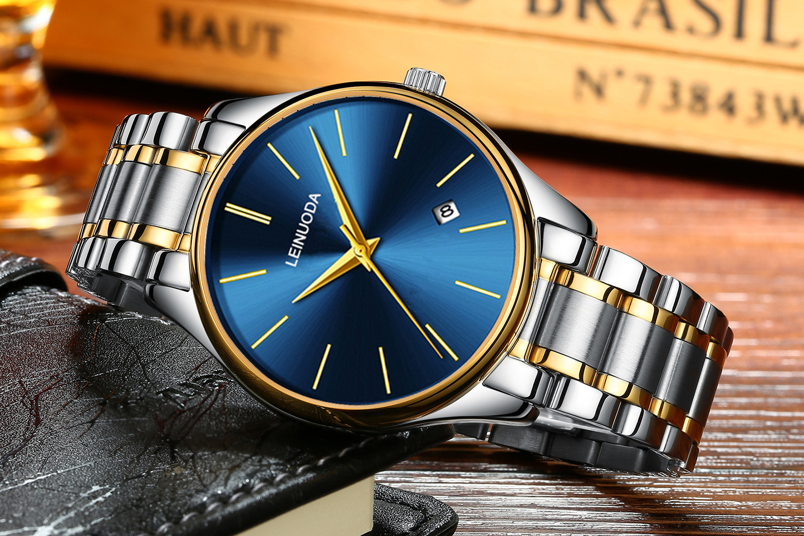 源头厂家男士单日历手表简约刻度石英表时尚防水夜光实心钢带腕表详情20