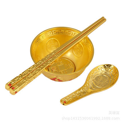 Feng shui Golden Bowl set, golden rice bowl chopsticks, wedding, housewarming, TOEFL, baby one month old gift, household alloy gift ornaments pic 2