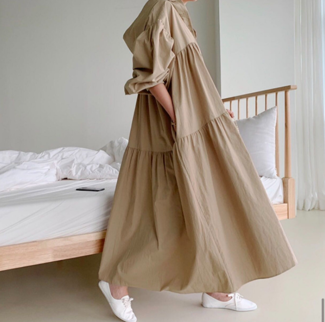 跨境货源女装韩版新品chic连帽宽松长款连衣裙大码休闲衬衣长裙详情2