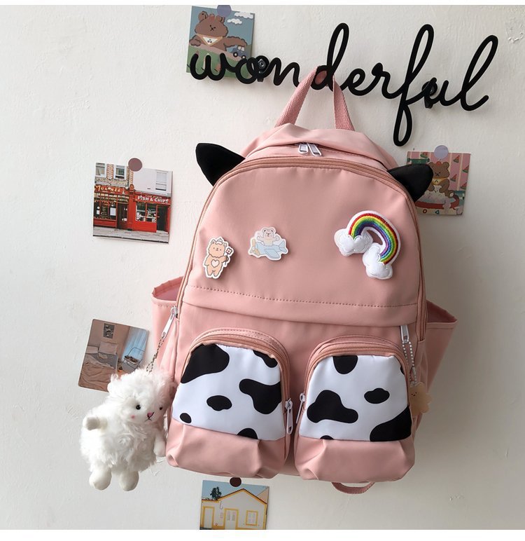 Japanese-style ins campus school style, fresh and cute, cute cow with earbuds, soft girl schoolbag, funny student backpack pic 30