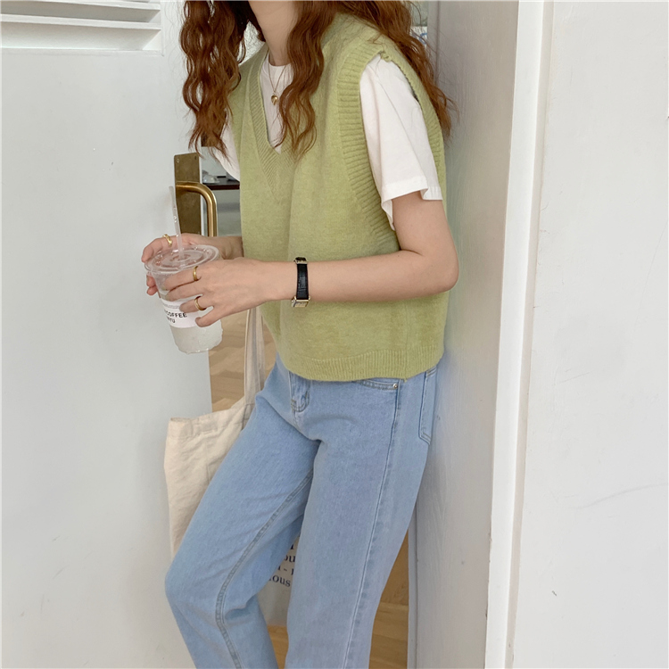 新款春秋女装洋气宽松显瘦V领毛衣外穿鹅黄色针织马甲背心详情8