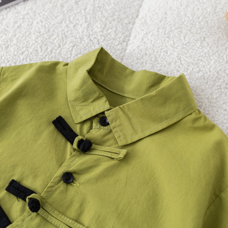 儿童熊猫衬衫短袖短裤两件国风休闲男童潮帅汉服套装班服批发工厂详情7