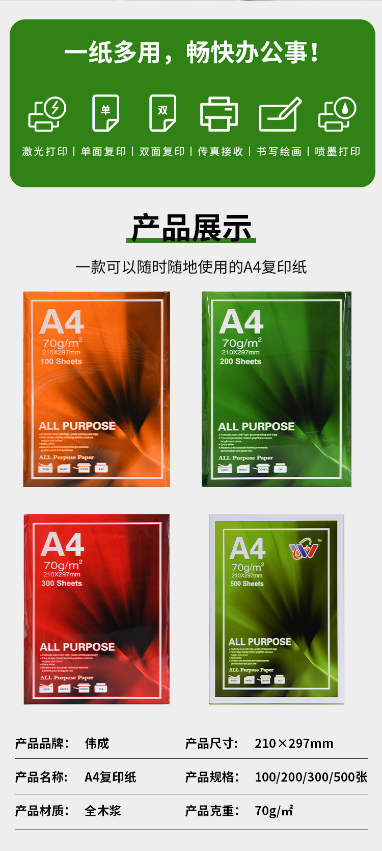 A4打印纸70g复印纸办公用品草稿纸批发整箱厂家直销白纸500张一包详情2