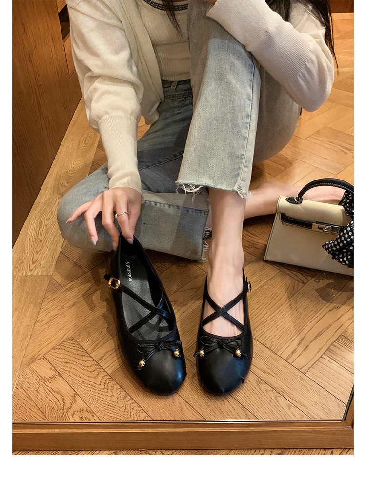 羊皮版~葡萄妈同款少女蝴蝶结交叉带芭蕾舞鞋平底玛丽珍鞋女单鞋详情43