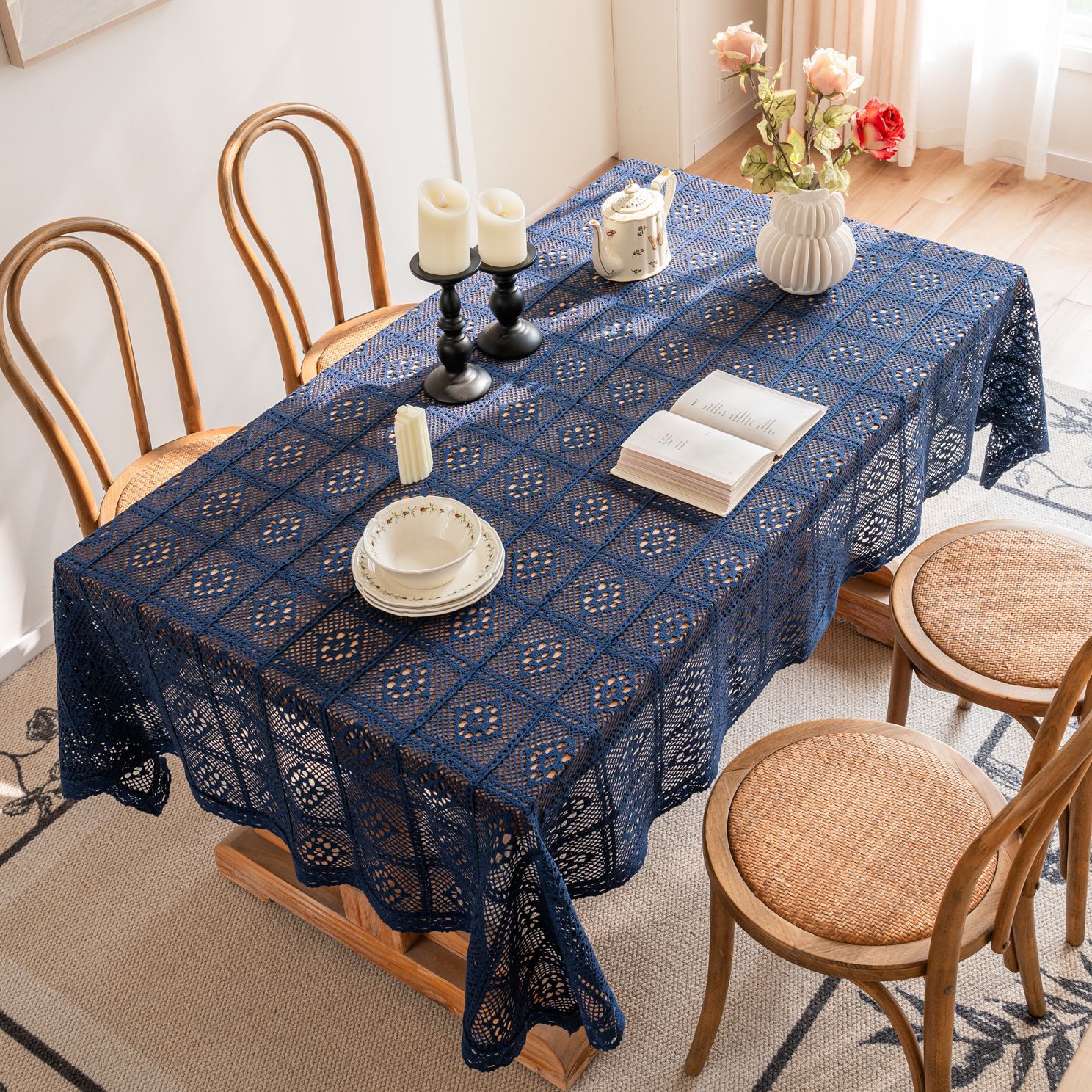 Cross-border hollowed-out hidden deep blue tablecloth, retro crochet photo art book, personalized cotton thread woven tablecloth cover pic 8