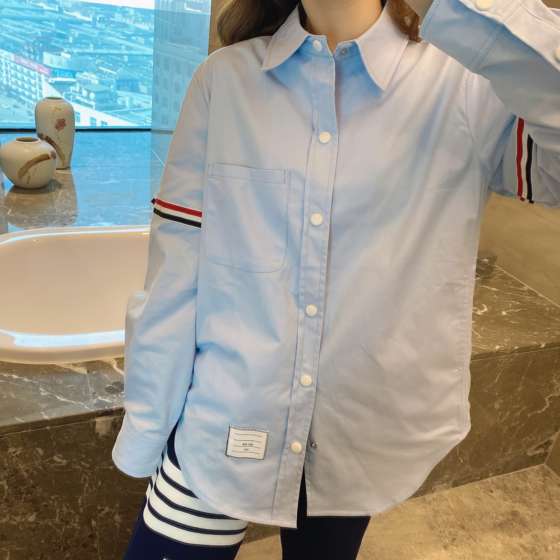 TB casual trendy brand poplin slim-fit solid white shirts for men and women, Oxford fabric shirts for women with long sleeves pic 49