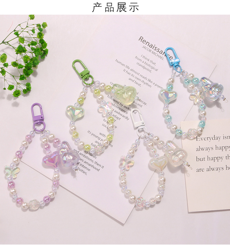 New translucent rabbit figurine keychain pendant, cute glitter pink heart burst bead chain accessory, headphone case decoration pic 4