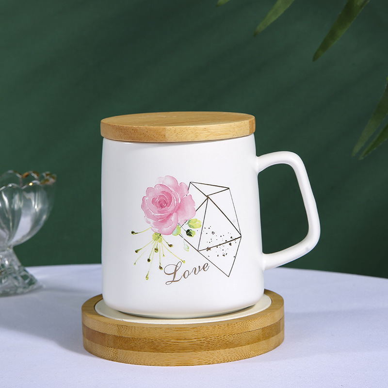 北欧陶瓷杯素雅花卉马克杯带竹盖小清新水杯带密封木盖杯子详情13
