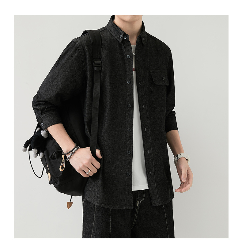 男装薄款牛仔长袖衬衫男2023春秋韩版潮流休闲纯色工装衬衣外套男详情25