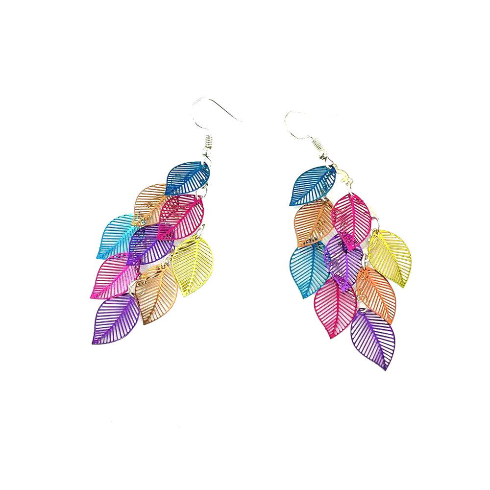 New European and American color-blocked leaf nine-piece earrings, fresh and colorful tassel leaf earrings, cross-border popular earrings pic 5