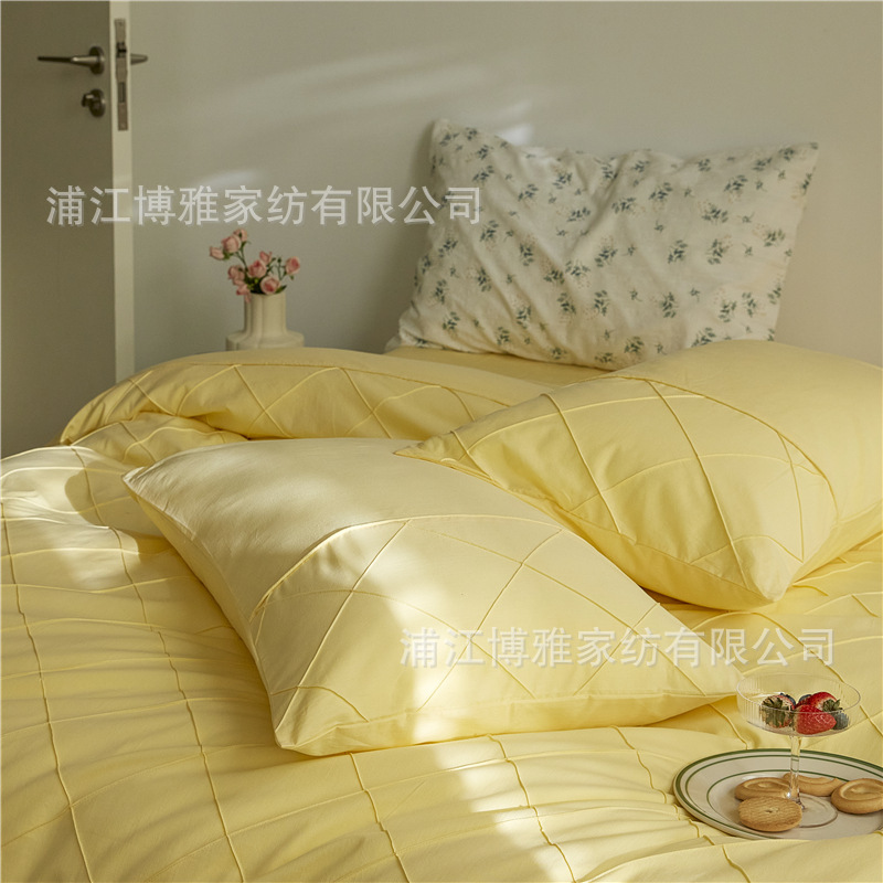 Wholesale of high-quality three or four-piece sets of washed cotton 40-count hand-knitted rhombus-shaped checkered plain pure cotton bedding pic 37