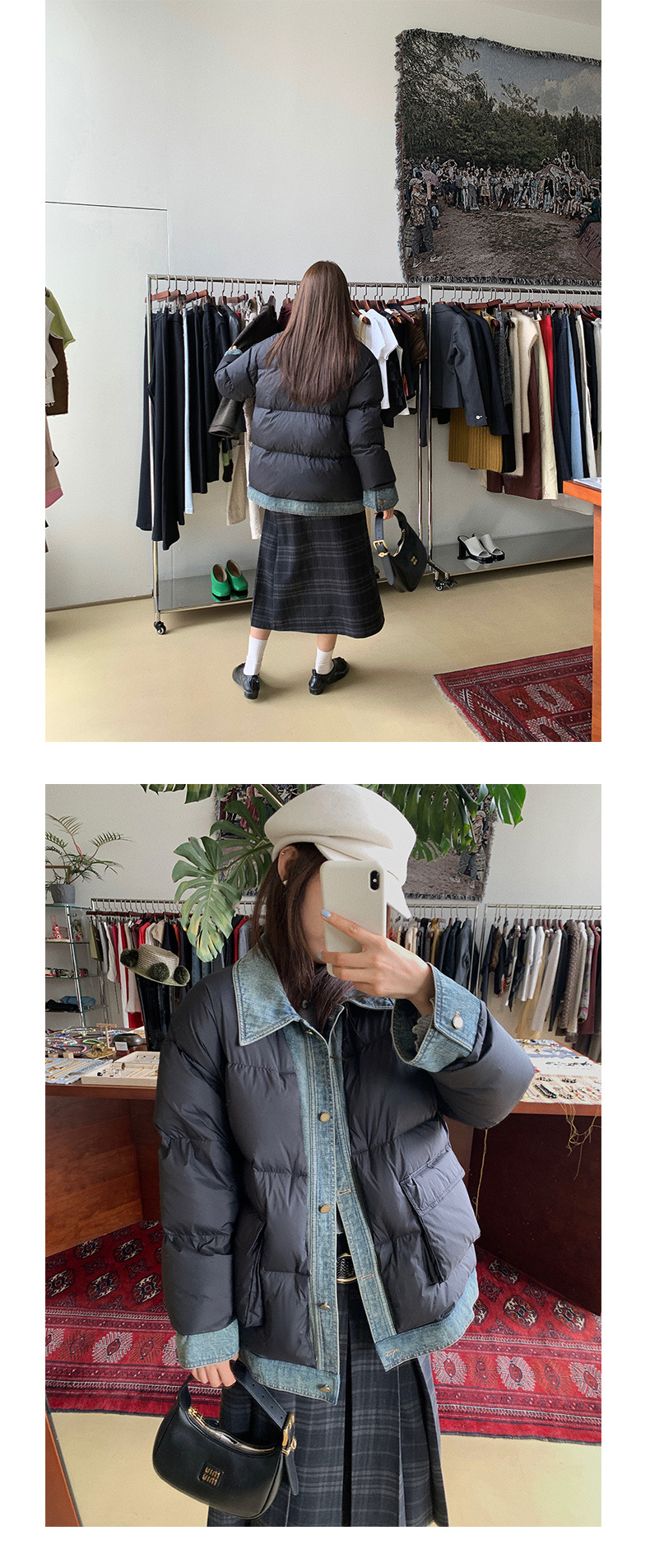 Qumeng DT CLASSIC Retro patchwork fake two-piece denim down jacket for women, 90 white duck down winter coat for women pic 40