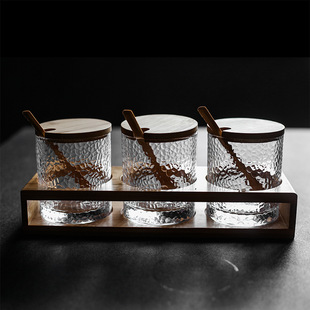 Green Classic Japanese Hammer patterned glass sealed Jar, Creative bamboo and wood tea jar, seasoning jar, storage jar, Kitchenware pic 1