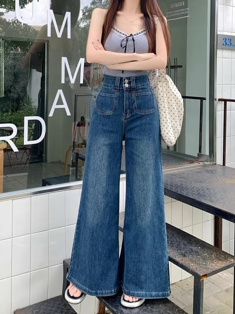 2024春秋季新款蓝色高腰宽松牛仔裤女时尚爆款设计感阔腿直筒长裤详情4