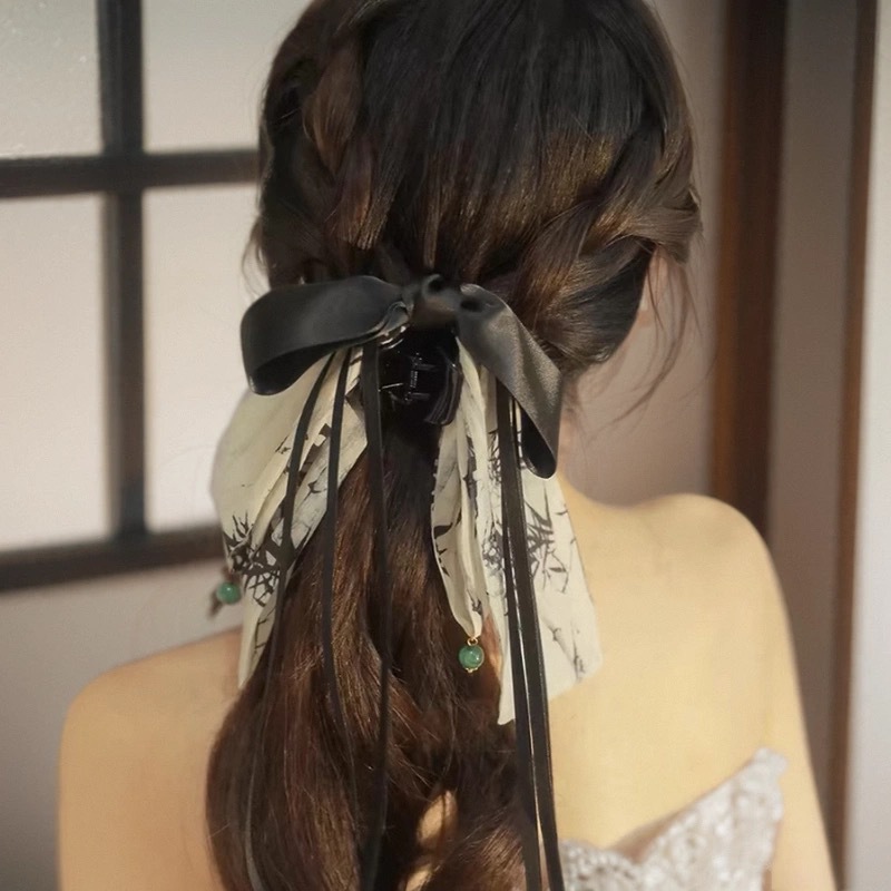 新中式水墨画抓夹气质蝴蝶结飘带发夹女后脑勺鲨鱼夹卡子古风头饰详情5