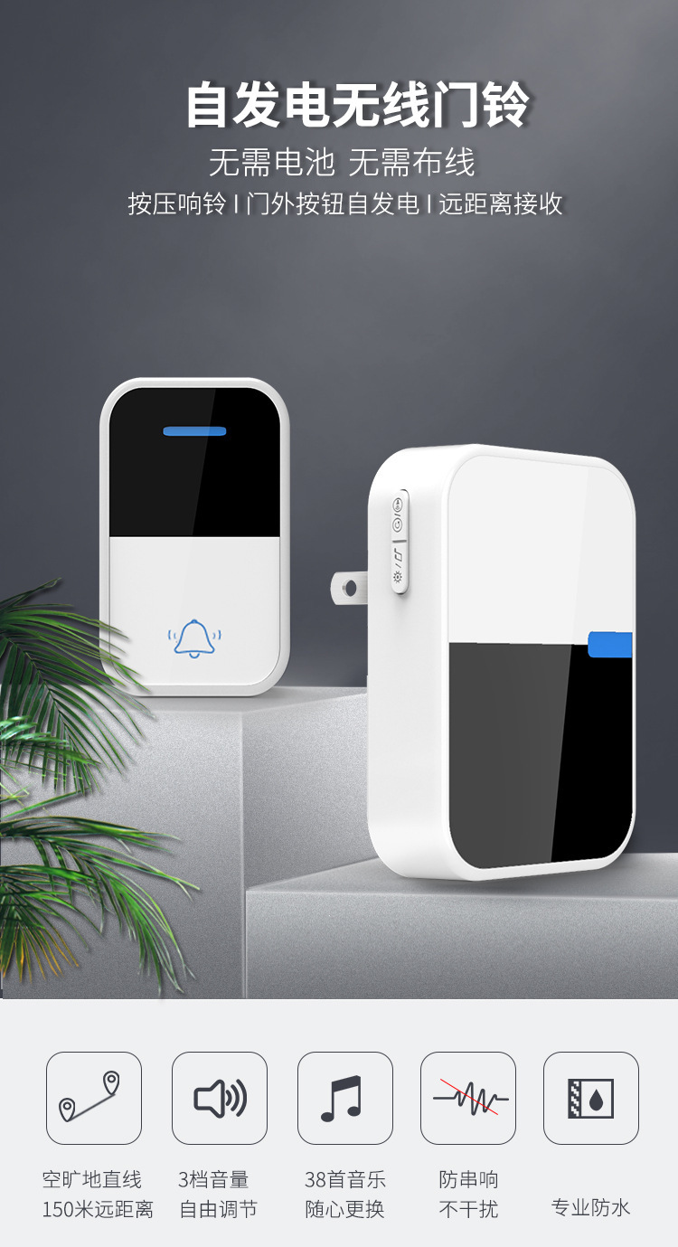 2022 New wireless doorbell for home use, waterproof, battery-free and wire-free pic 1