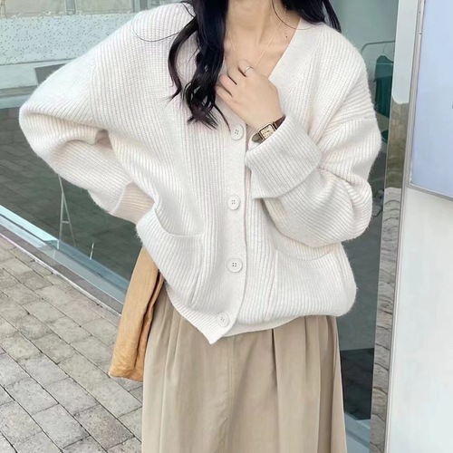 日系复古秋冬针织开衫女条纹慵懒风V领宽松外套加厚粗线外穿毛衣详情6