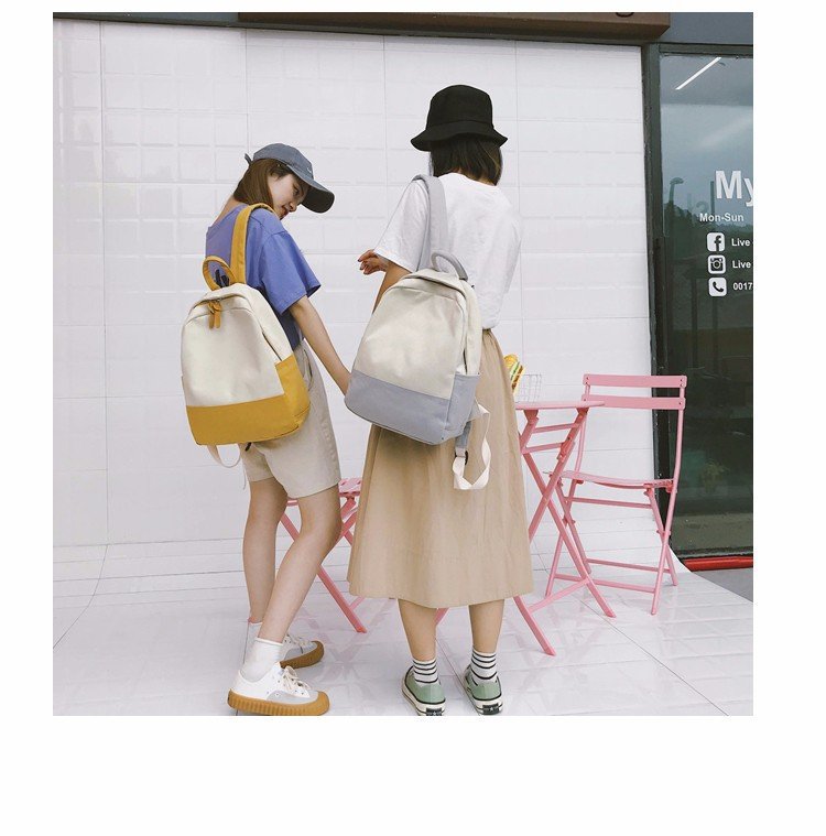Factory wholesale of college-style, fresh, artistic, simple and versatile canvas backpacks, color-matched schoolbags for middle school best friends pic 17