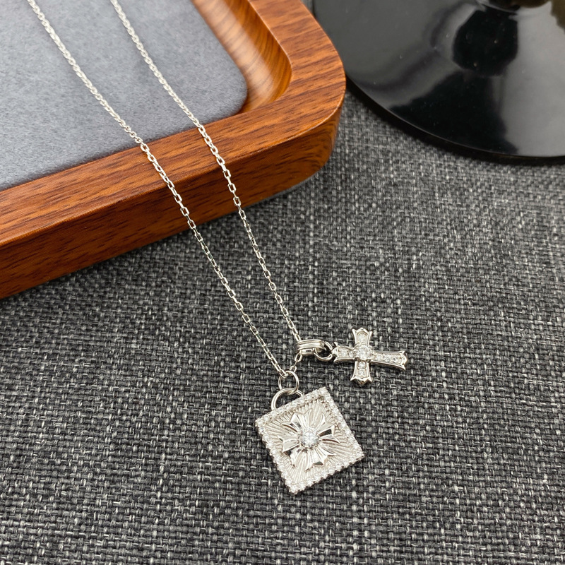 S925银十字花吊坠几何方形项链微镶轻奢电镀真白金颈链气质锁骨链详情21