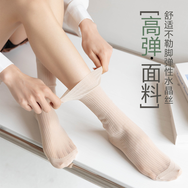 冰冰袜子女夏季薄款蕾丝堆堆袜女夏天冰丝月子长筒长袜白色中筒袜详情2