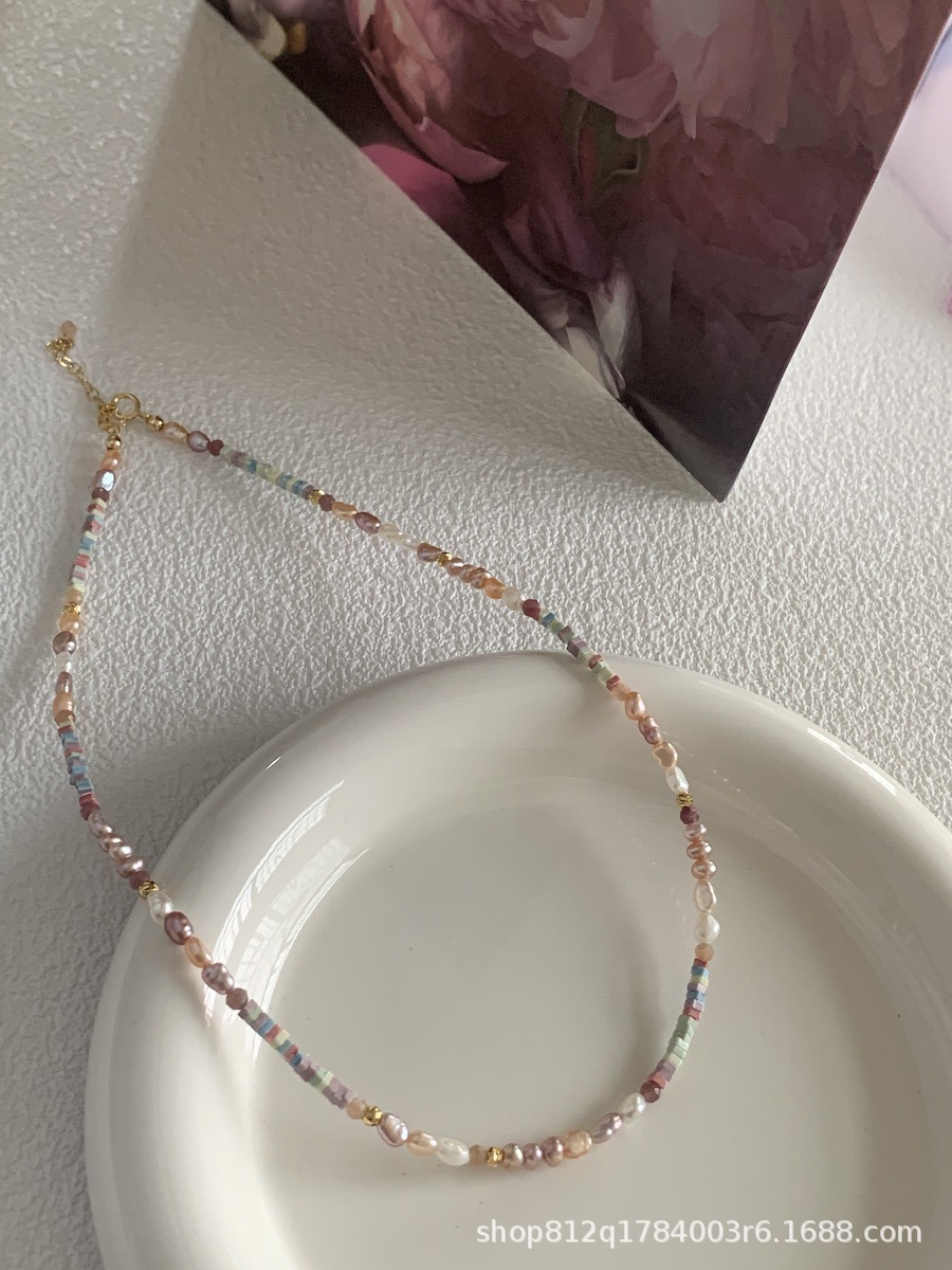 Dreamy pinkish-purple aurora silver pearl necklace, mini irregular Baroque-style light luxury necklace, niche pic 23