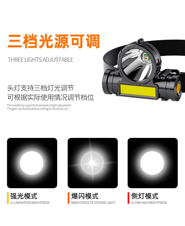 Wholesale of cross-border headlamps, outdoor cob charging head-mounted flashlights, led fishing waterproof charging high-intensity headlamps pic 8
