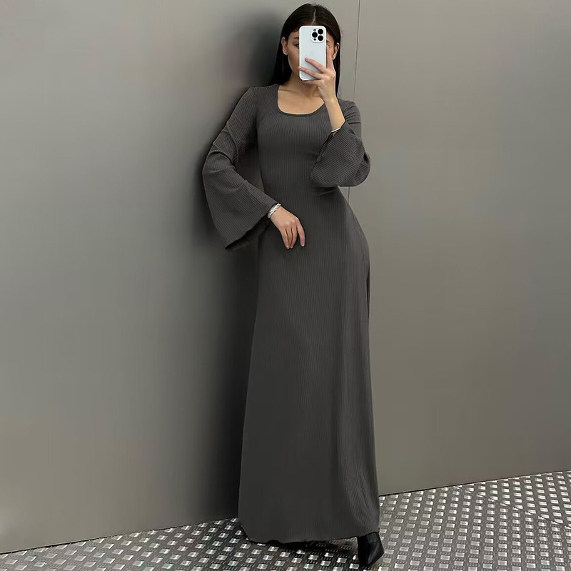 外贸女裙秋冬新款宽松加大码连衣裙后背系带喇叭长袖高腰螺纹长裙详情17