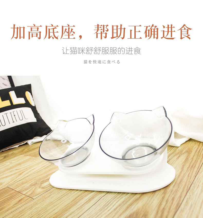 Transparent double cat bowl, cat food bowl, water bowl, cat food basin, cat bowl stand, dog bowl, dog food basin, slanted spine guard, pet bowl pic 3